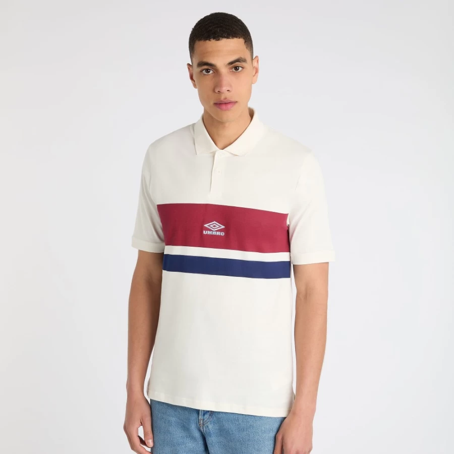 Umbro Men's Stripe Polo Shirt - Ecru, Rhubarb & Midnight Navy Colors