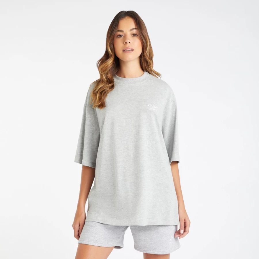 Umbro Women's Core Oversized Tee - Grey Marl & White Relaxed Fit Cotton T-Shirt