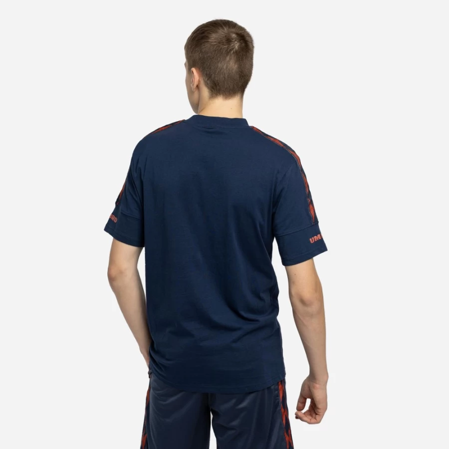 Umbro Men's Diamond Taped Crew Tee in Indigo Mood & Hot Sauce Colors
